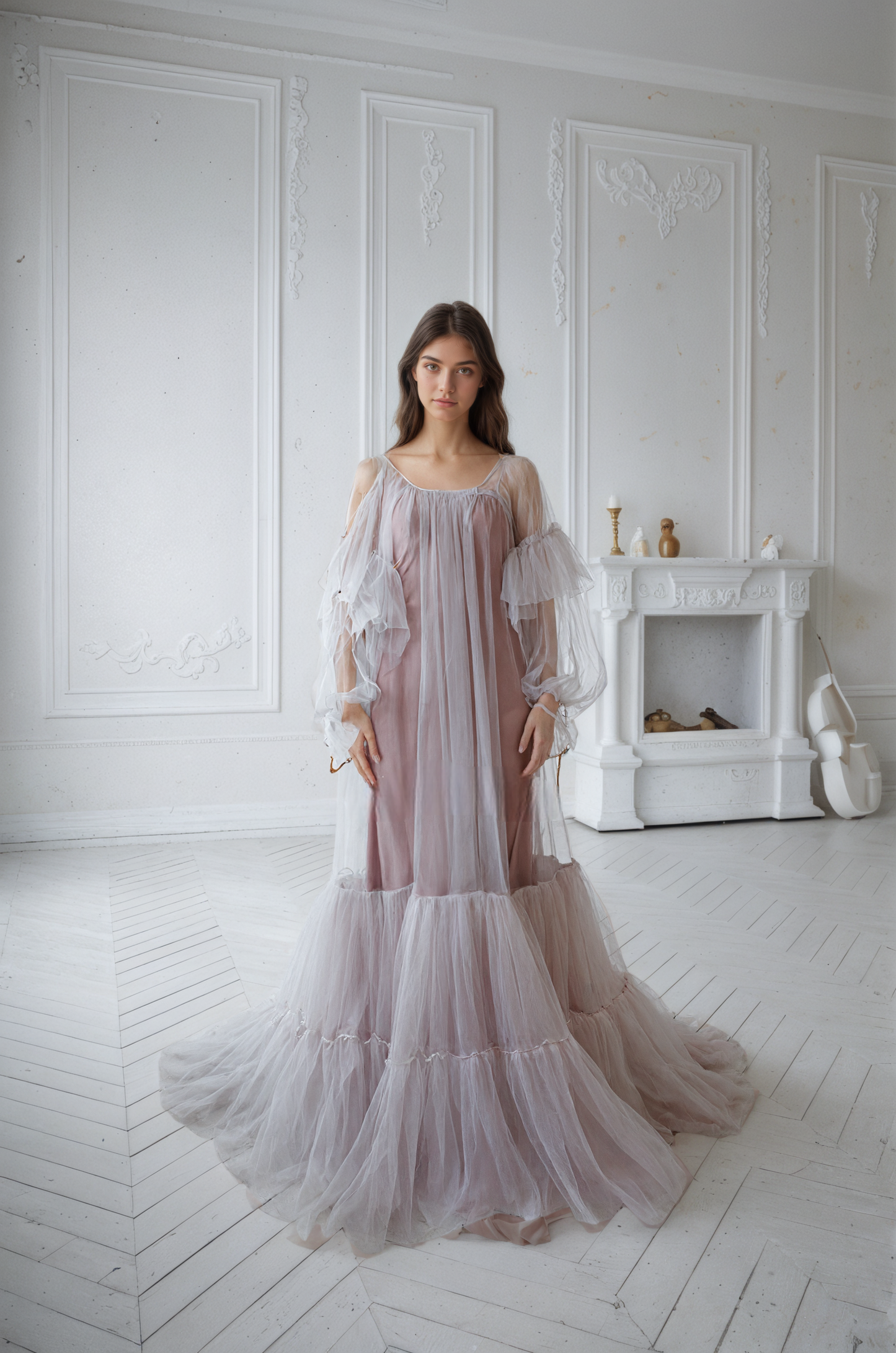 Luxury 3 colors Layered Tulle Sheer Robe Dress | Couture Ruffle Boudoir Robe Set