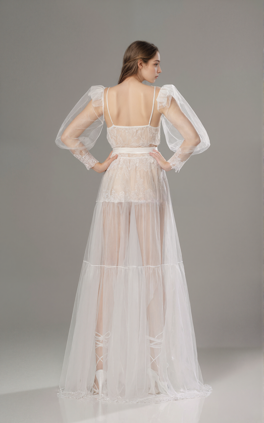 Luxury Sheer Lace Tulle Long Robe with Puff Sleeves | Bridal Boudoir Getting Ready Gown