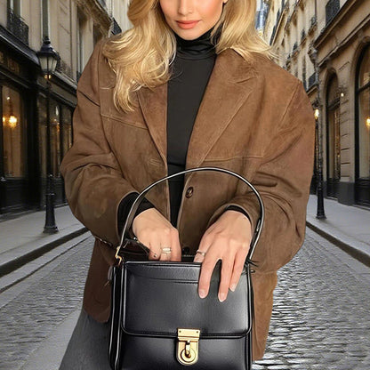 Suede-Look Blazer Jacket — V-Notch Lapel, Button-Front Casual Coat