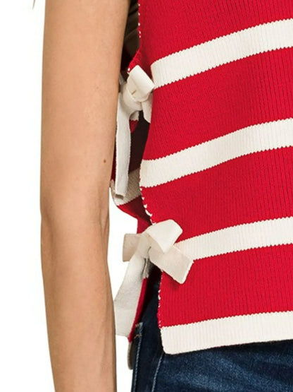 Zenana Side Tie Stripe Sweater Vest in Ruby