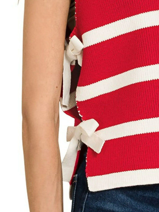 Zenana Side Tie Stripe Sweater Vest in Ruby