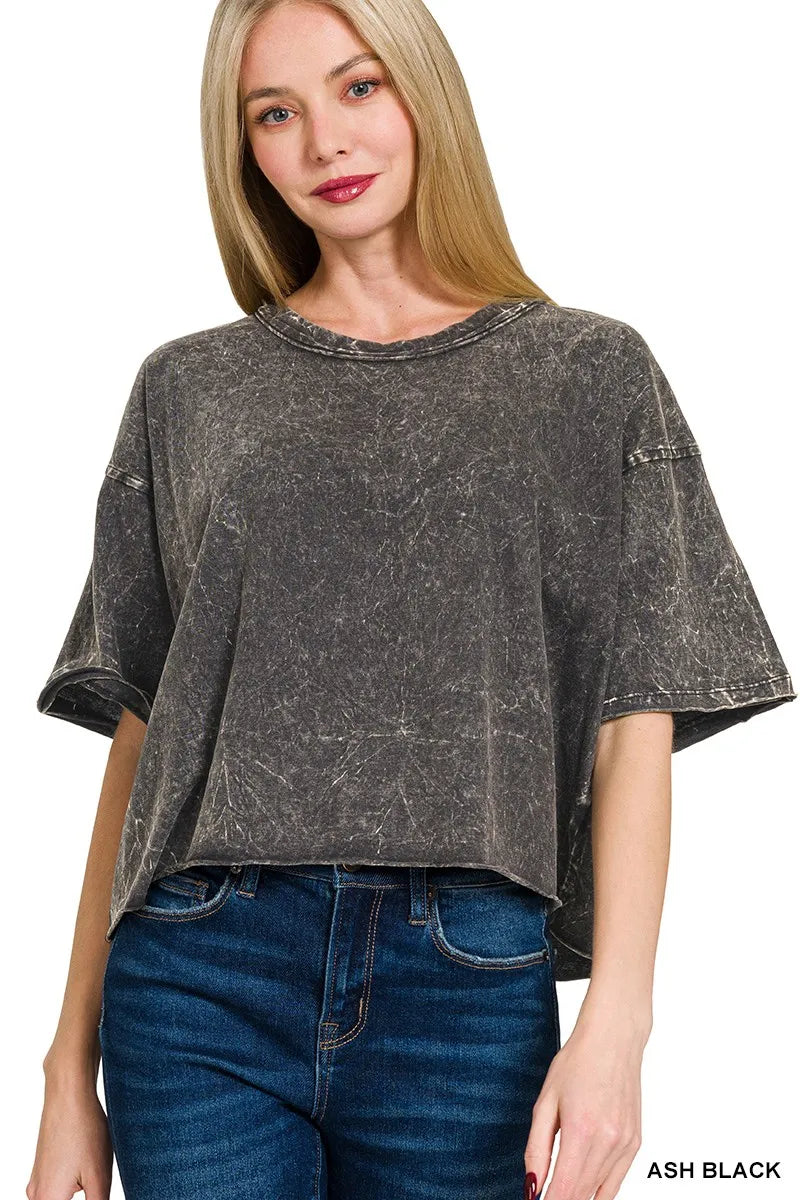 Zenana Acid Crinkle-Washed Oversized T-Shirt in Ash Black