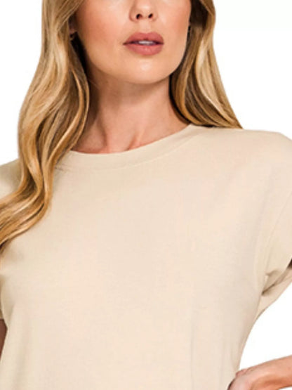 Zenana Round Neck Side Slit Midi Dress in Beige