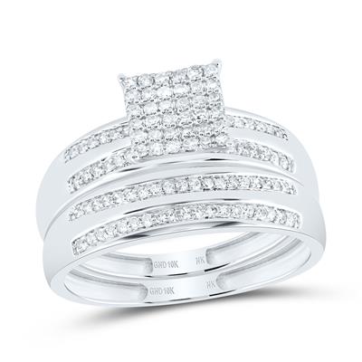 10K WG 1/2CTW - NATURAL DIAMOND SQUARE TRIO SET - HIS & HER WEDDING RING SET - Lolomo!