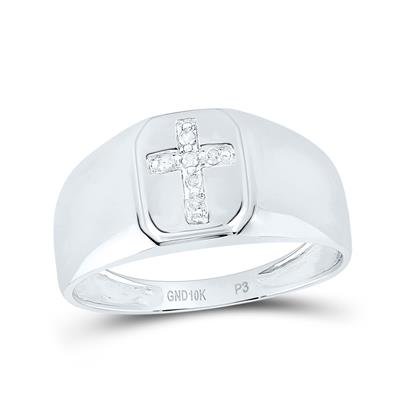 10k White Gold Round Diamond Cross Men's Band Ring 1/20 Cttw - Lolomo!