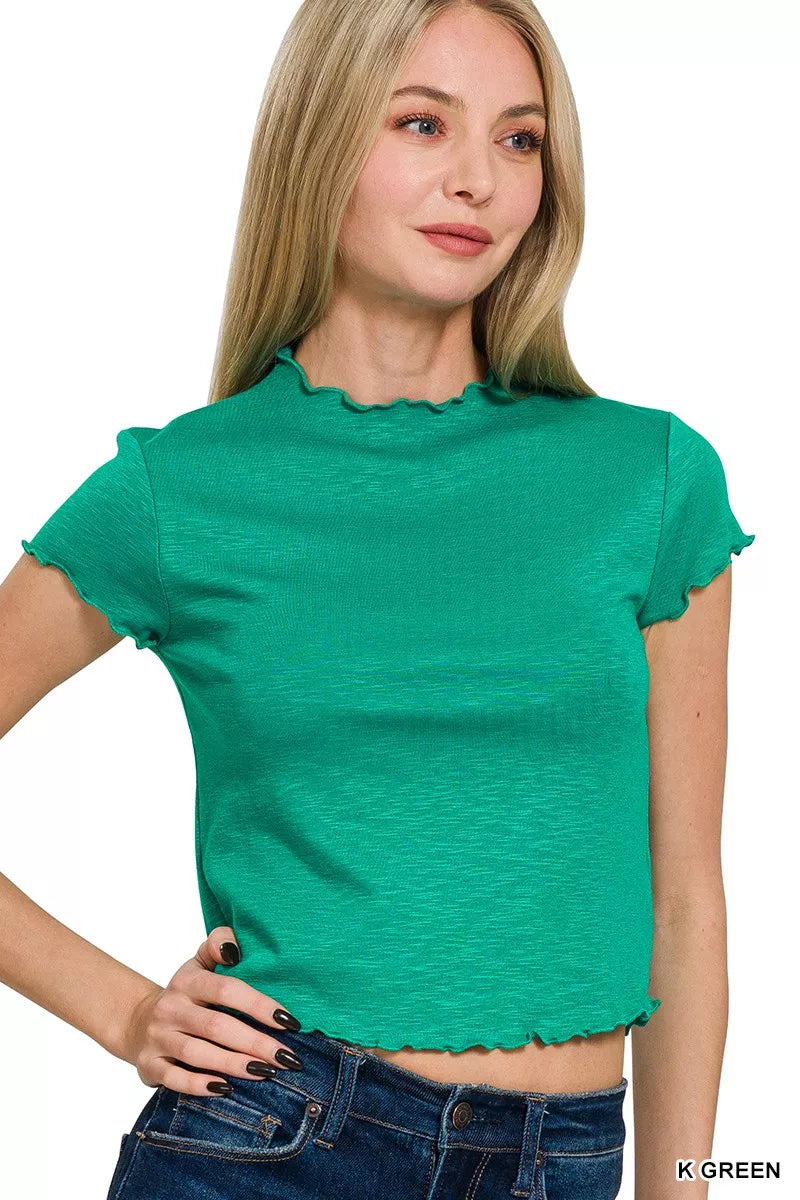 Zenana Cotton Modal Slub Lettuce Trimmed Cropped T-Shirt in Green