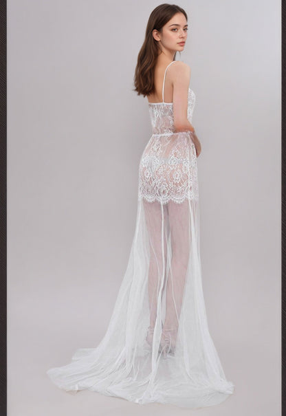 Ethereal Lace Sheer Long Robe with Flowing Train – Elegant Bridal Boudoir Gown
