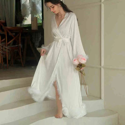 Elegant Satin Feather-Trimmed Robe & Nightdress Set - Luxury Bridal & Lounge Wear