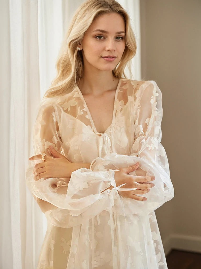 Ethereal Lace Long-Sleeve Sheer Bridal Robe Dress with Train