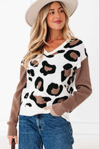 Leopard Colorblock Drop Shoulder V-Neck Sweater