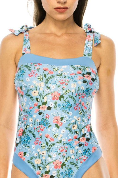 One Piece Floral Print Shoulder Top Tie Swimsuit