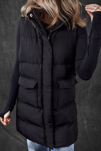 Solid Zip-Up Pocketed Puffer Vest