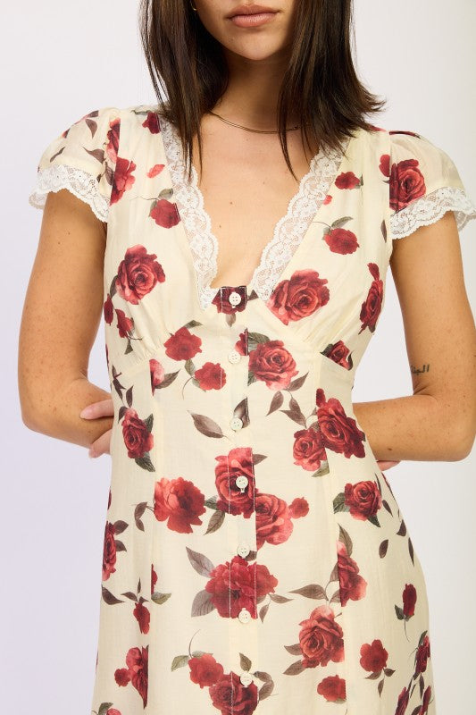 Emory Park Floral Midi Dress with Cap Sleeve and Lace Detail