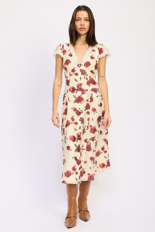 Emory Park Floral Midi Dress with Cap Sleeve and Lace Detail