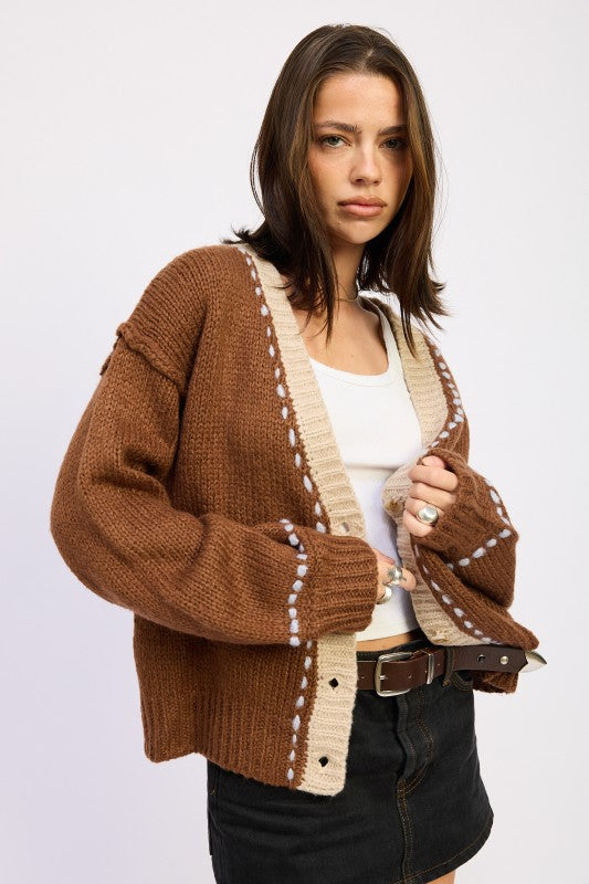Emory Park Button Down Contrasted Cardigan in Chocolate