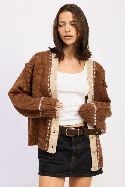 Emory Park Button Down Contrasted Cardigan in Chocolate