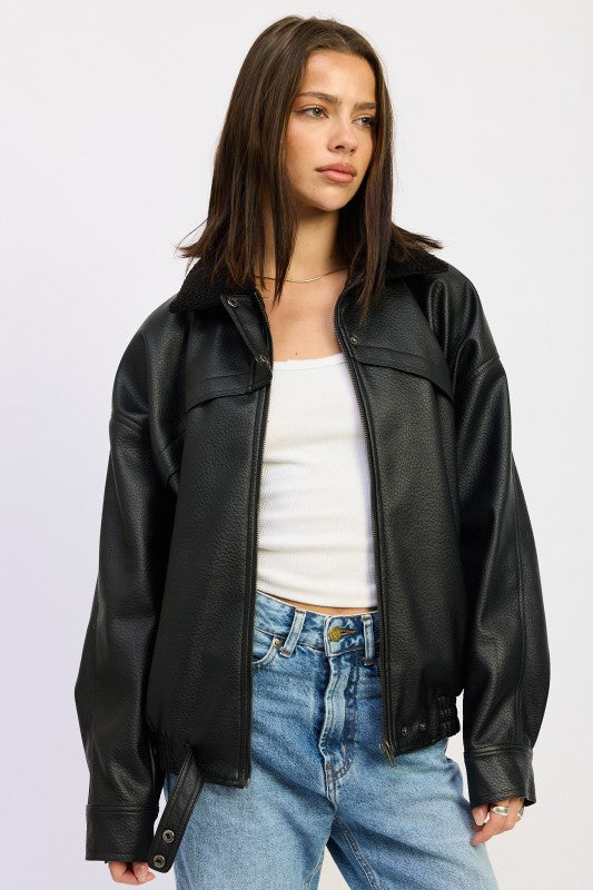 Emory Park Shearling Collar Vegan Leather Jacket