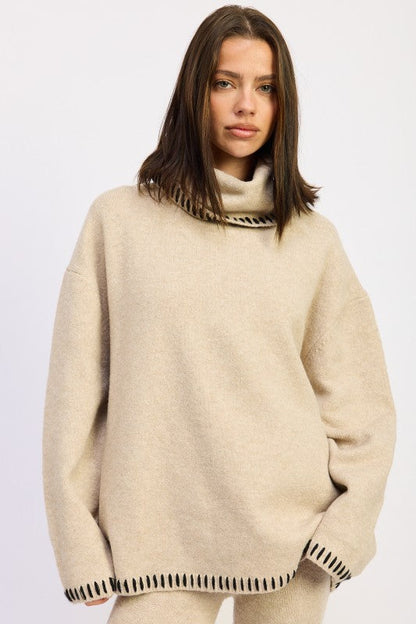 Emory Park Oversized Turtleneck Sweater with Stitching