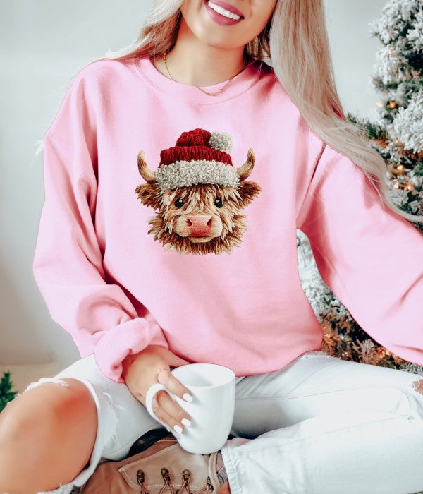 Crochet Christmas Highland Cow Graphic Sweatshirt