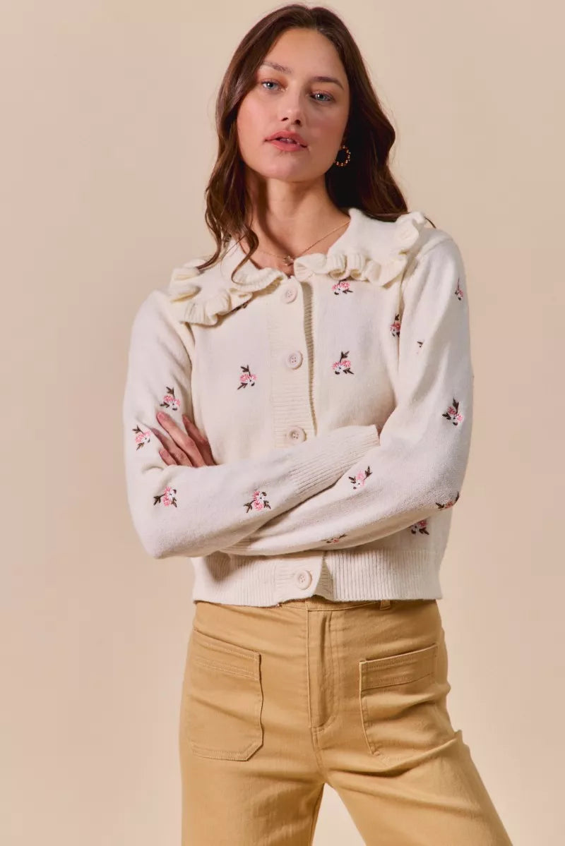 SO ME Collared Floral Embroidered Button Down Sweater Cardigan