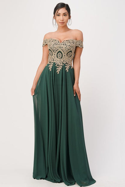 La Scala Off Shoulder Chiffon Gown with Lace Appliques