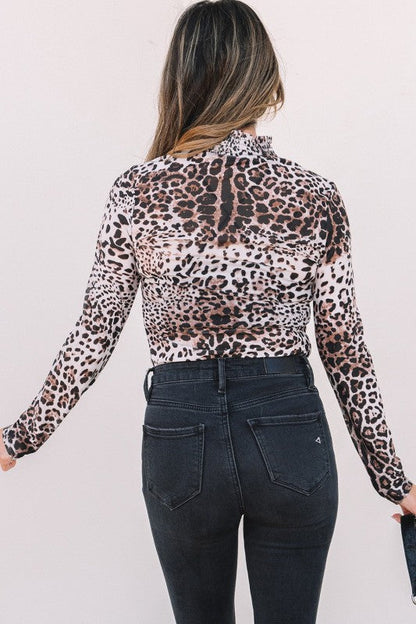 Leopard Mesh Smocked Neck Long Sleeve Bodysuit
