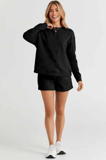 Textured Long Sleeve Top and Drawstring Shorts Set
