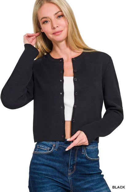 Zenana Button-Front Crewneck Long Sleeve Cropped Cardigan