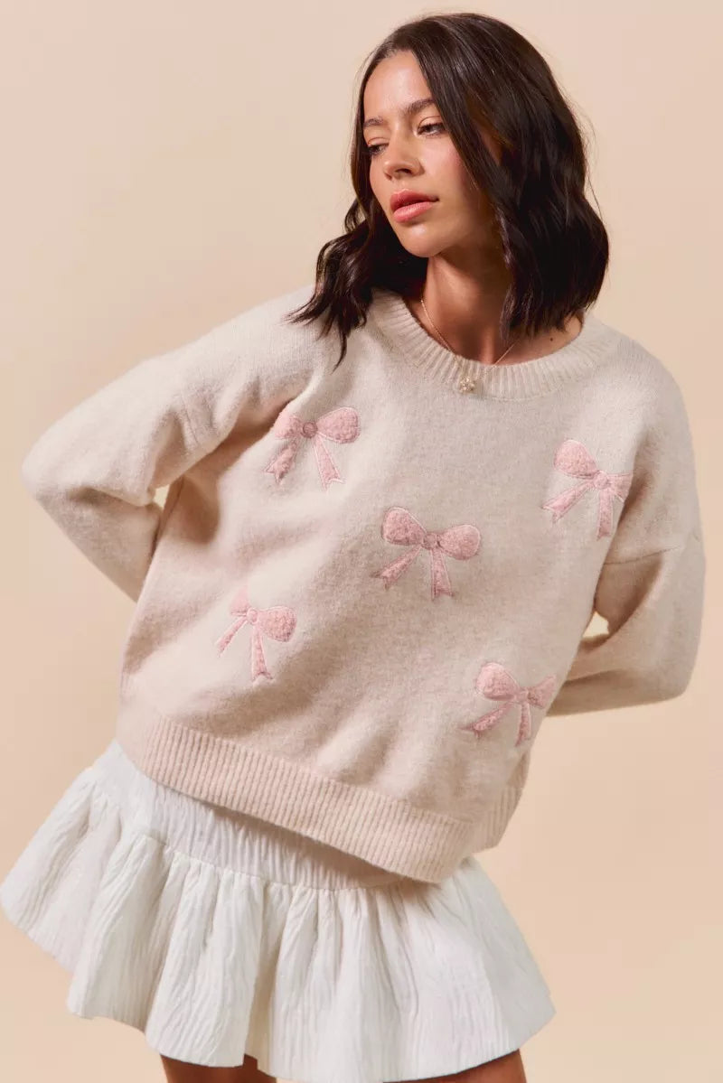 SO ME Embroidered Ribbon Round Neck Sweater