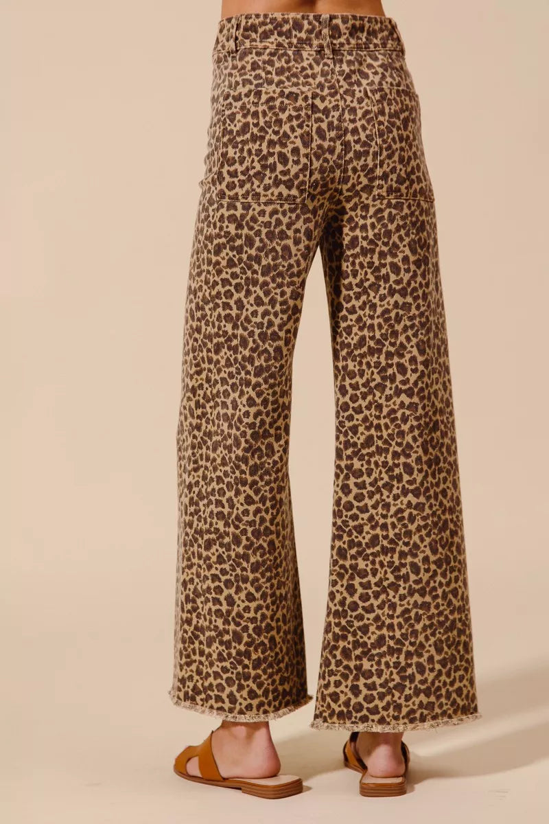 SO ME Mid Rise Leopard Twill Frayed Hem Wide Leg Pants