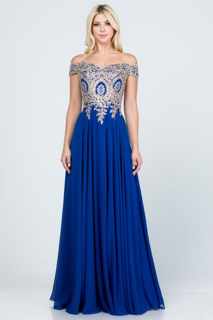 La Scala Off Shoulder Chiffon Gown with Lace Appliques