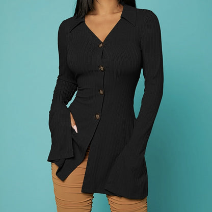 V-Neck Ribbed Knit Button Top