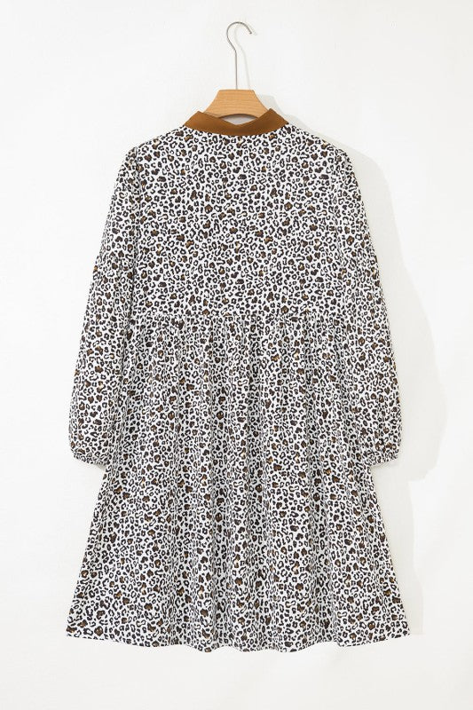 Plus Size Leopard Half-Button Collared Puff Sleeve