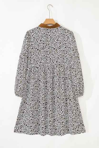 Plus Size Leopard Half-Button Collared Puff Sleeve