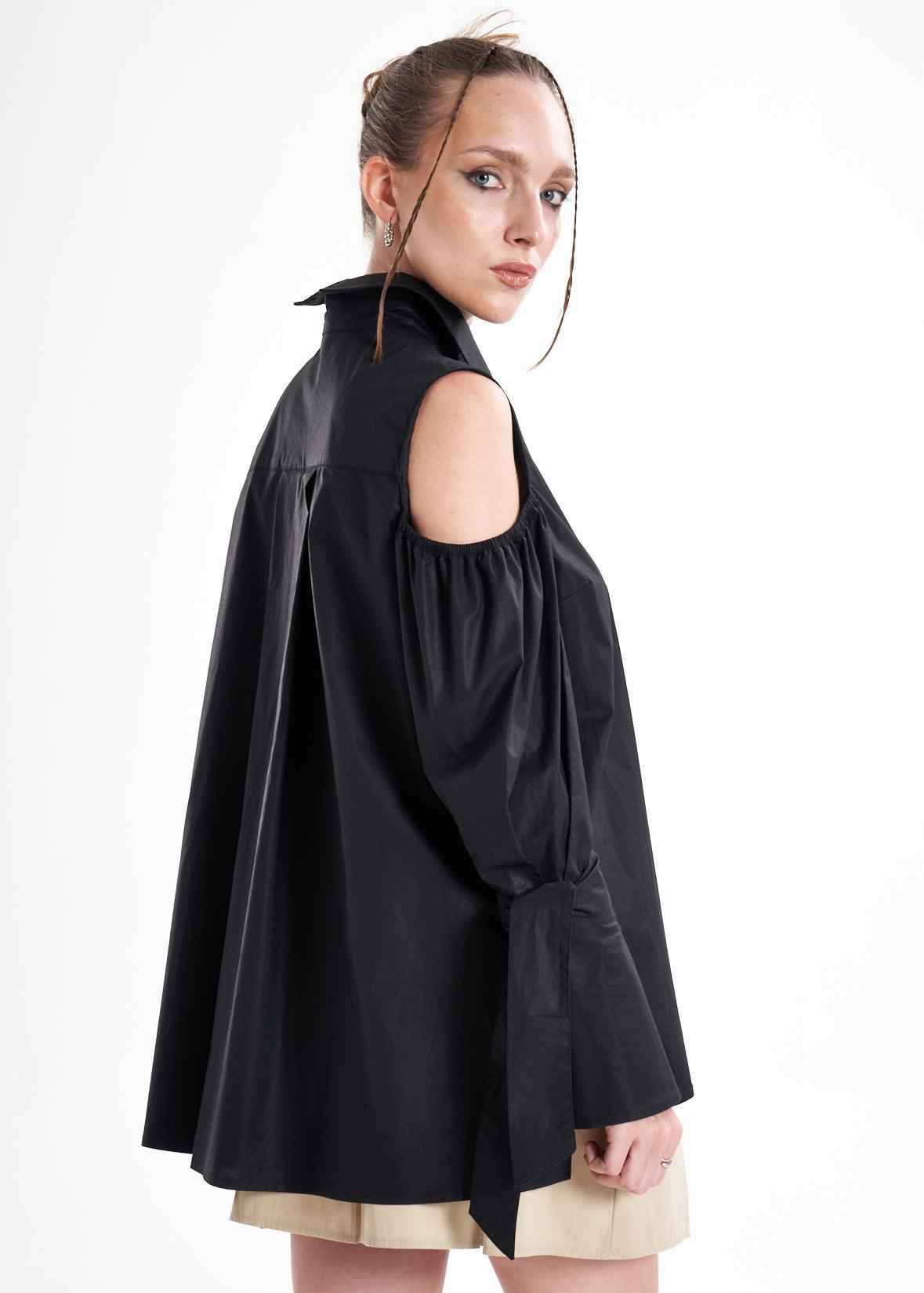 Quarta Open Shoulders Black Premium Poplin Shirt