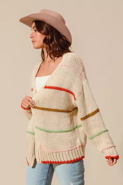 SO ME Loose Fit Multi Stripe Open Front Cardigan