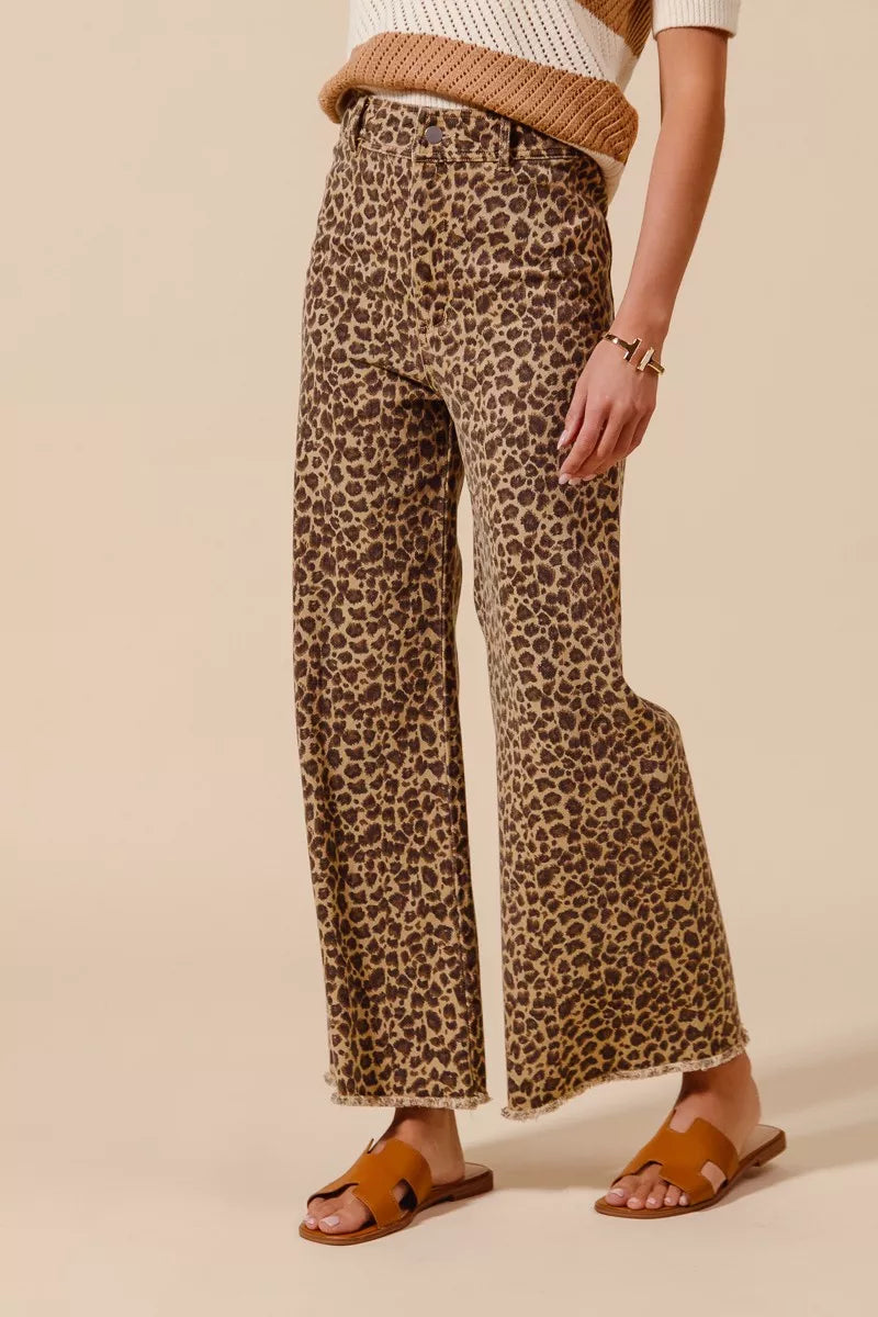 SO ME Mid Rise Leopard Twill Frayed Hem Wide Leg Pants
