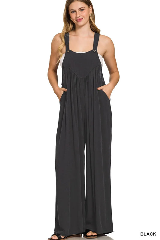 Zenana Woven Rayon Crepe Wide Leg Overalls