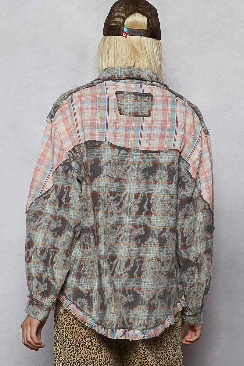 POL Plaid Patchwork Long Sleeve Shirt with Raw Edge Detail