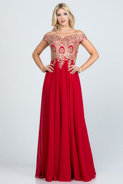 La Scala Off Shoulder Chiffon Gown with Lace Appliques