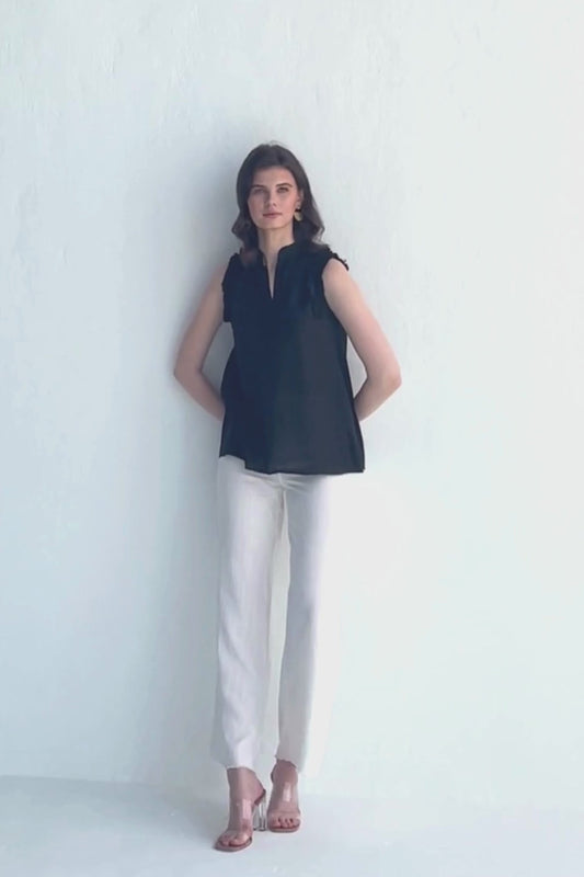 Sleeveless Hemp Top with Ruffles in Black