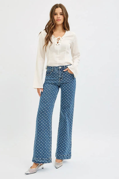RISEN High Rise Wide Leg Bow Embroidered Jeans