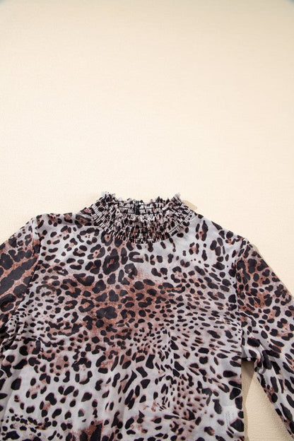 Leopard Mesh Smocked Neck Long Sleeve Bodysuit