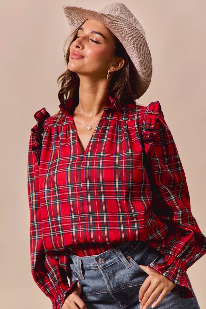 SO ME Christmas Checkered Plaid Smocked Blouse