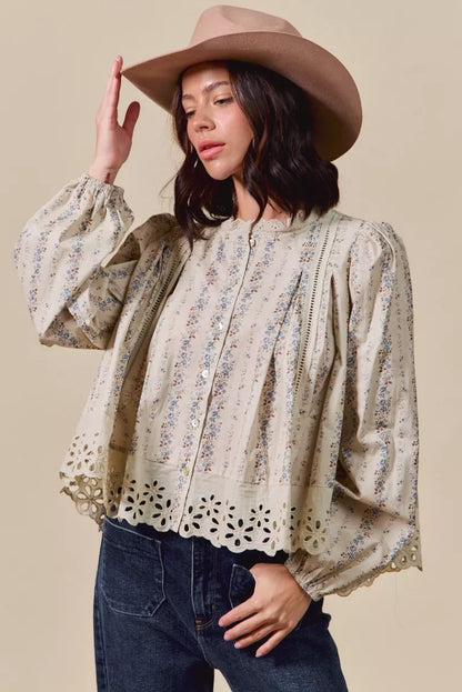 SO ME Floral Print Lace Button Down Shirt