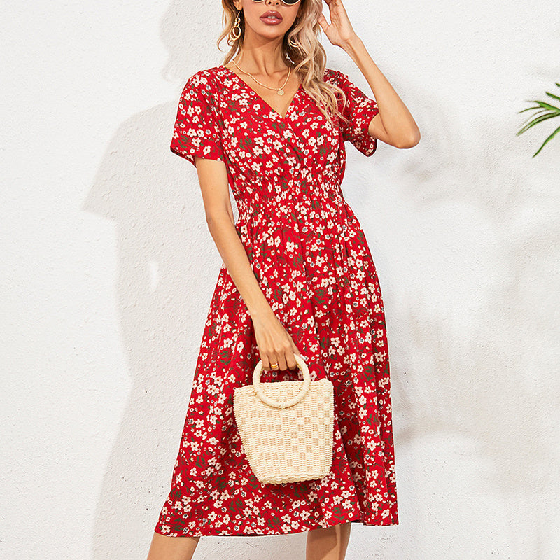 Women's V-Neck Floral Print Dress - A-Line Waisted Summer Maxi Dress