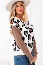 Leopard Colorblock Drop Shoulder V-Neck Sweater