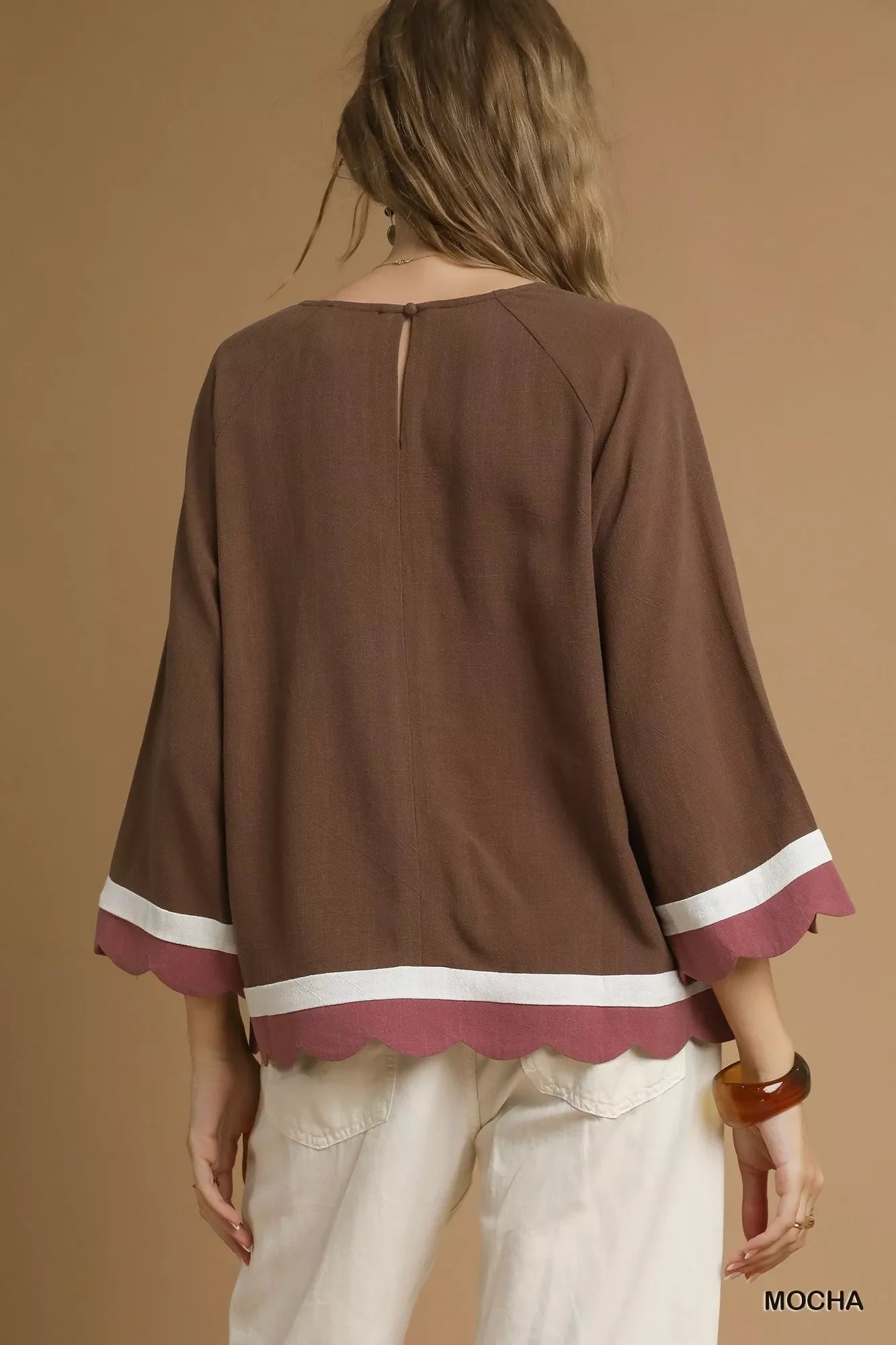 Umgee Scalloped Hem Color Block Top