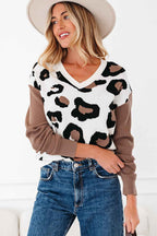 Leopard Colorblock Drop Shoulder V-Neck Sweater
