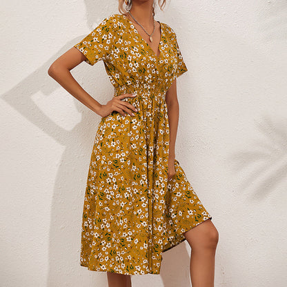 Women's V-Neck Floral Print Dress - A-Line Waisted Summer Maxi Dress